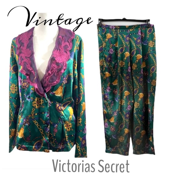 VICTORIAS SECRET🎄VTG Satiny PJ SET in teal & purple in a gold tassel print SZ S - Picture 5 of 16